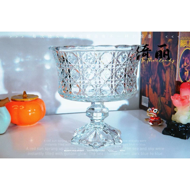 单只-轻奢透明宝石纹圆点果斗高无铅水晶玻璃家用高颜值装饰摆件