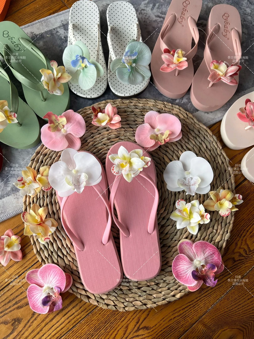 粉色平底【泰兰德花朵拖鞋】泰国手工花朵兰花人字拖女士度假风沙滩