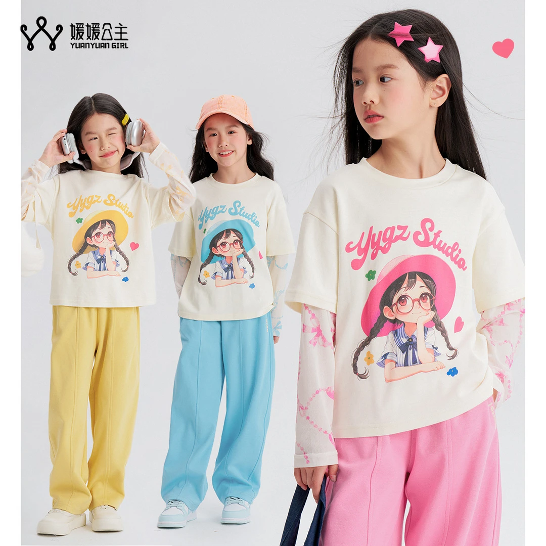 女童长袖T恤2025春装新款儿童卡通印花体恤时髦中大童打底衫上衣