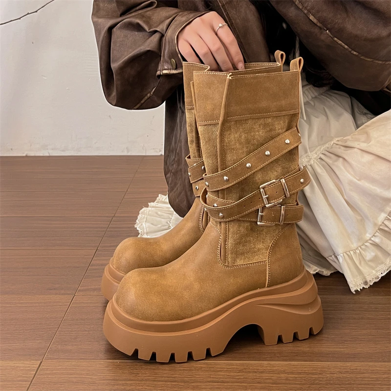 厚底中筒马丁靴女2025新款皮带扣机车靴厚底增高骑士靴英伦风短靴