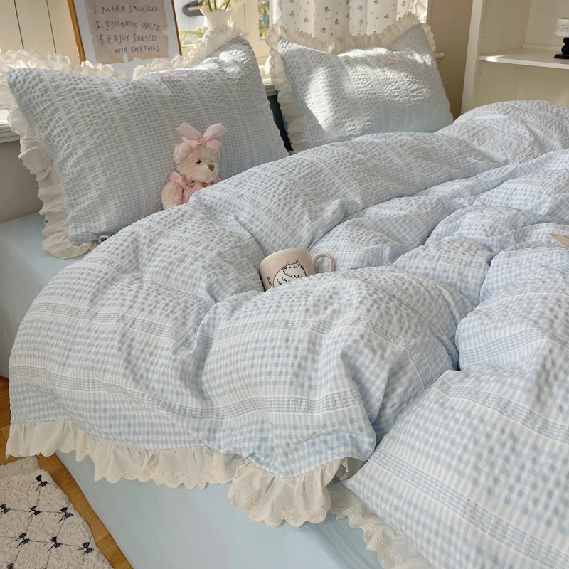 小清新花边被套四件套非全棉纯棉床单被罩床笠款四季家用床上用品