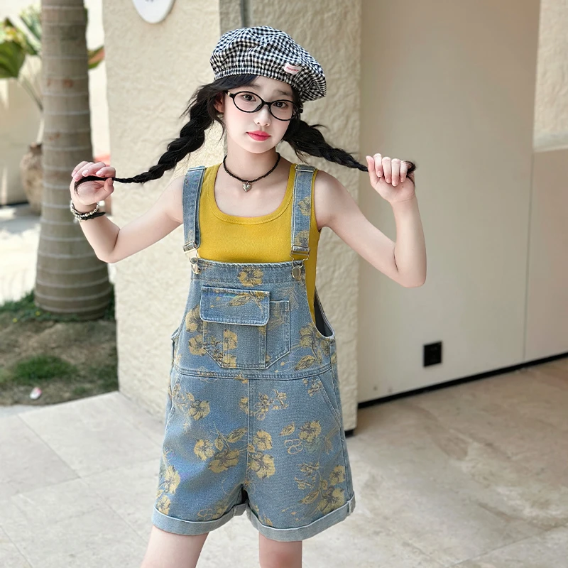 6-9-12岁高档女大童衣服女童夏装套装2025新款爆款儿童牛仔背带裤