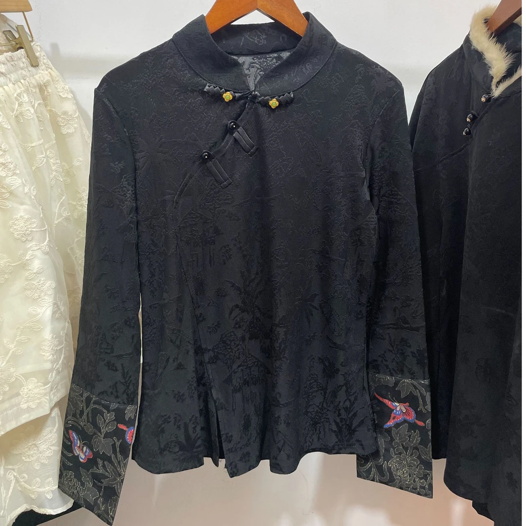 立领常规款拼接刺绣耐脏长袖T恤国风复古新中式盘扣打底衫轻奢