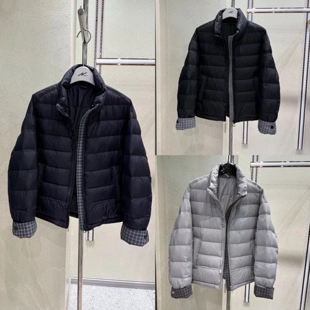 极简风格子短款女白鸭绒羽绒服立领加厚保暖秋冬拼接