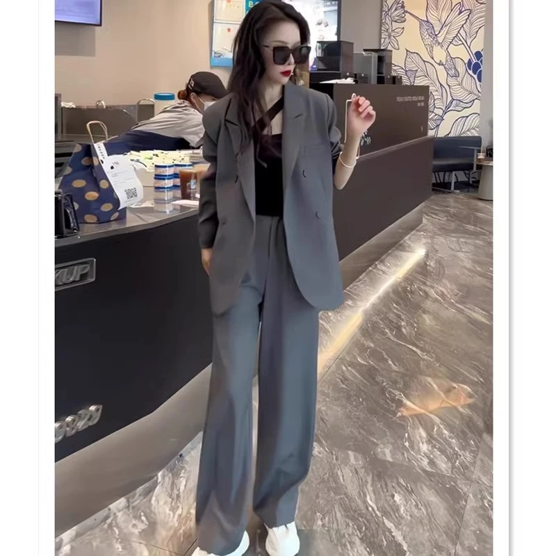 大码女装高级感阔腿裤西装套装胖mm灰色春季休闲宽松气质西服外套