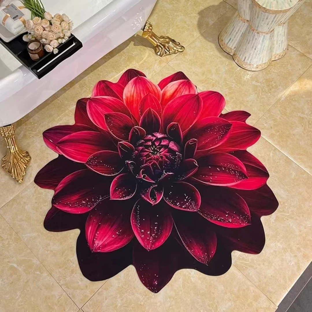 高档【酒红花意】3D设计花卉立体玫瑰牡丹吸水地垫硅藻泥浴室速干垫