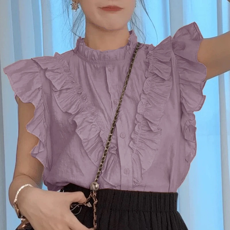 韩版百搭木耳边衬衣女夏季洋气减龄衬衫甜美上衣设计感小众小衫