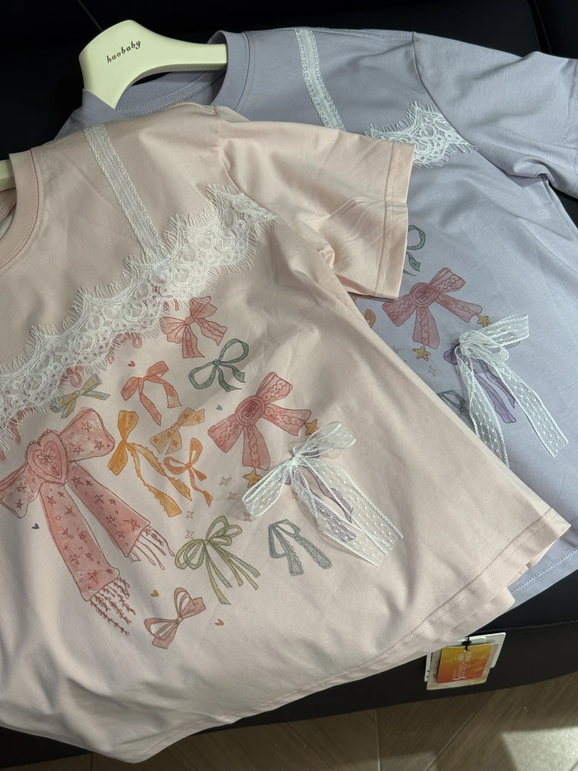 【豪宝贝】2025夏款蝴蝶结印花蕾丝T恤0623