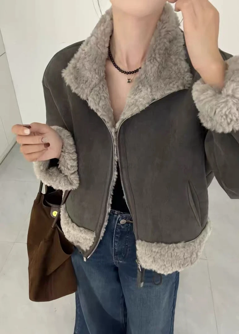 灰灰呀！韩代复古设计感慵懒风仿皮毛一体拼接立领百搭派克服外套