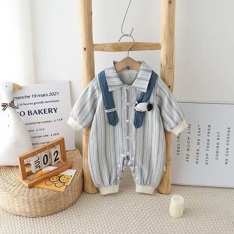 [M]春秋款竖条小狗长袖连体婴儿幼儿翻领双层卡通洋气宝宝连体衣