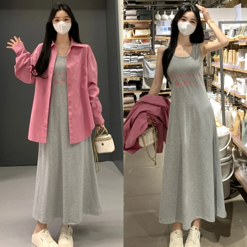 胖妹妹2025新款春夏装大码多巴胺绣花背心裙粉色衬衣套装两件套