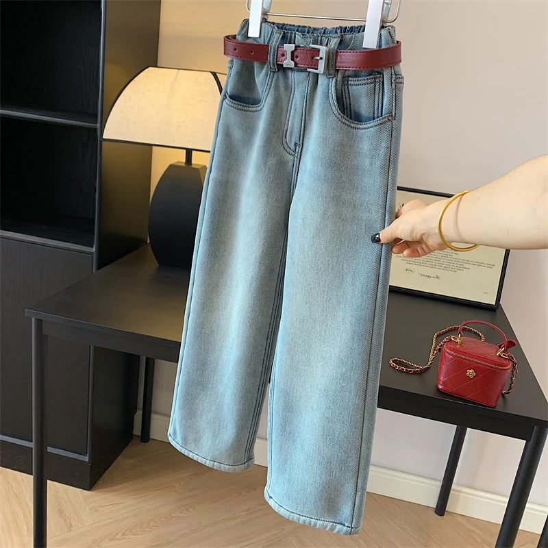 秋冬中大童装女童一体绒直筒牛仔裤加绒加厚宽松阔腿裤简约百搭