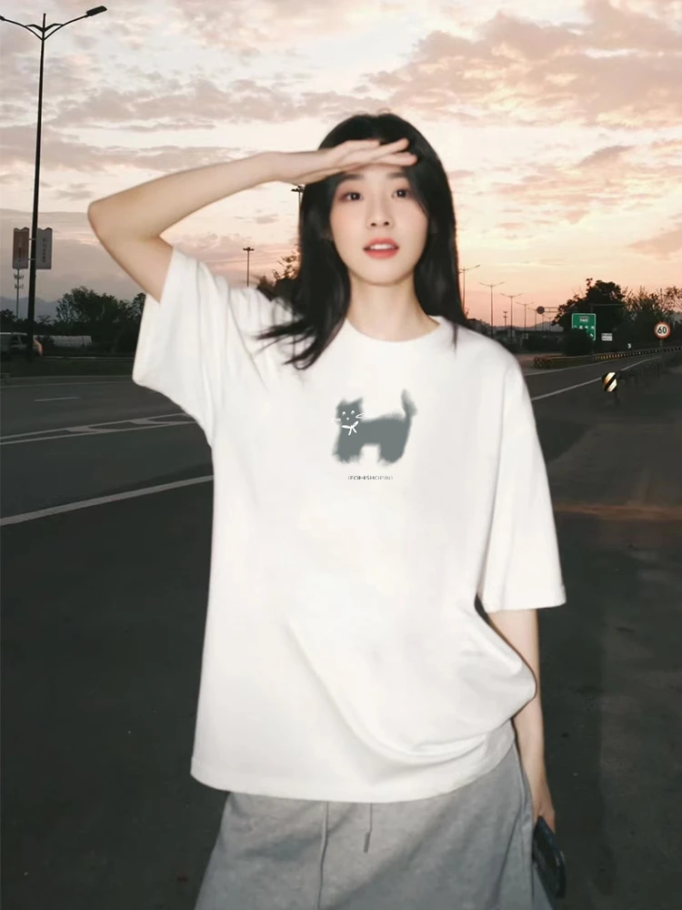 夏季简约潮流印花短袖打底衫常规款情侣港风白色韩版T恤