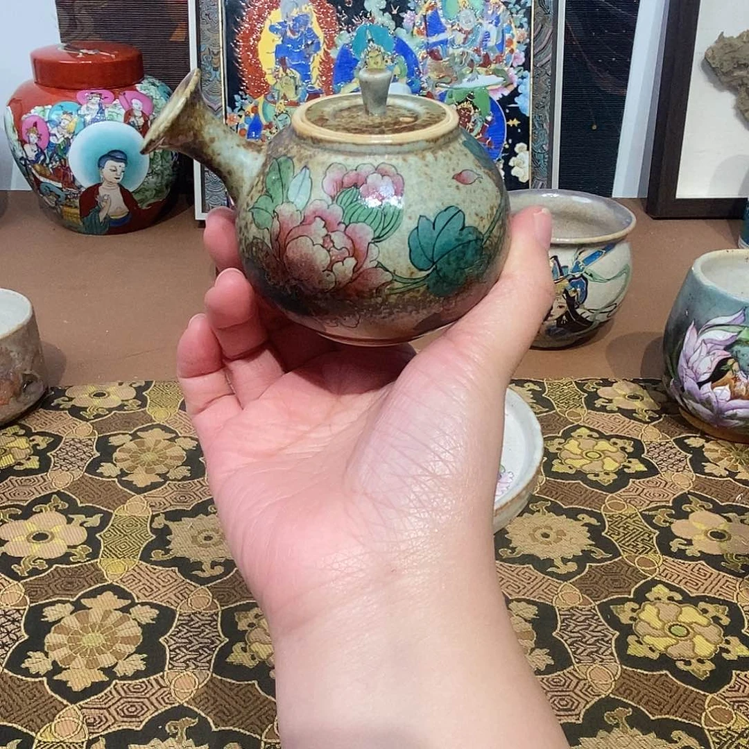手工手绘牡丹茶壶
