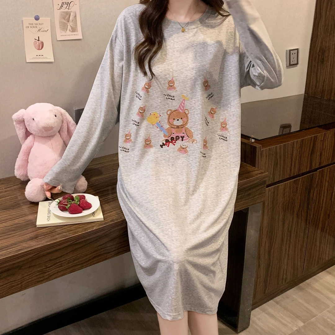 带胸垫睡衣女2025新款春秋季薄款卡通宽松大码女士睡裙长袖家居服