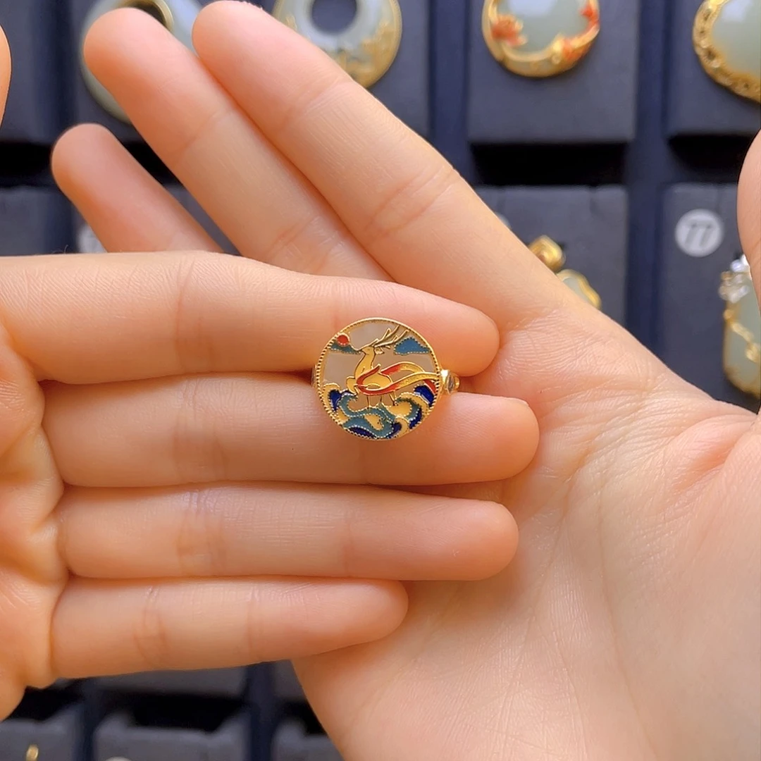 和田玉戒指银S925镀金镶嵌