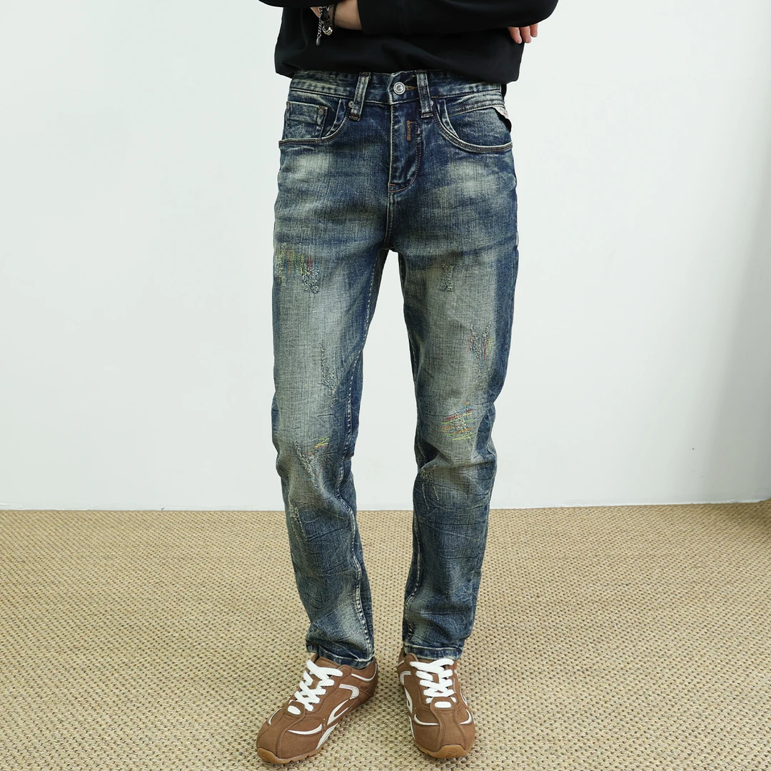 男士修身小脚牛仔裤2025秋冬新款猫爪刺绣复古做旧小个子蓝色水洗