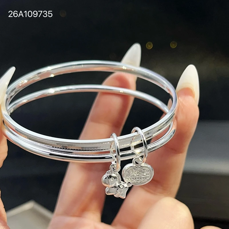 足银手镯 女款碎碎冰马上有钱闭口双环手环时尚百搭气质精致手饰