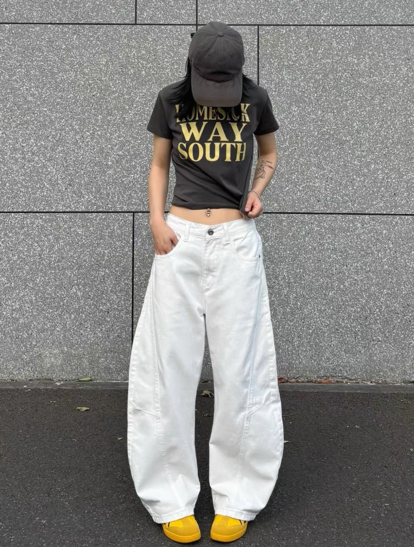（全品有瑕）高腰磨毛街头阔腿美式牛仔裤