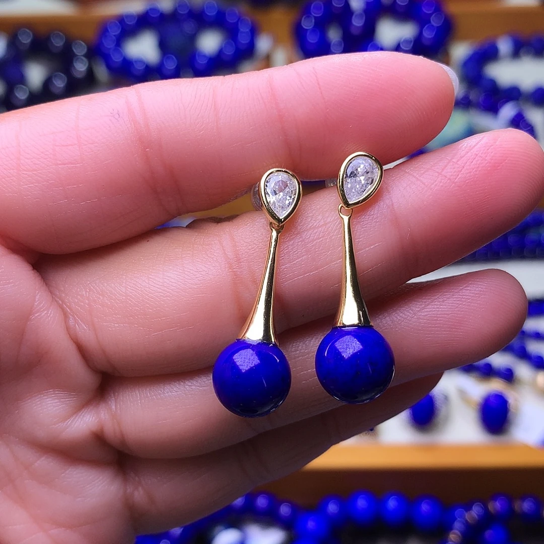 青金石银S925镶嵌耳坠9.7m