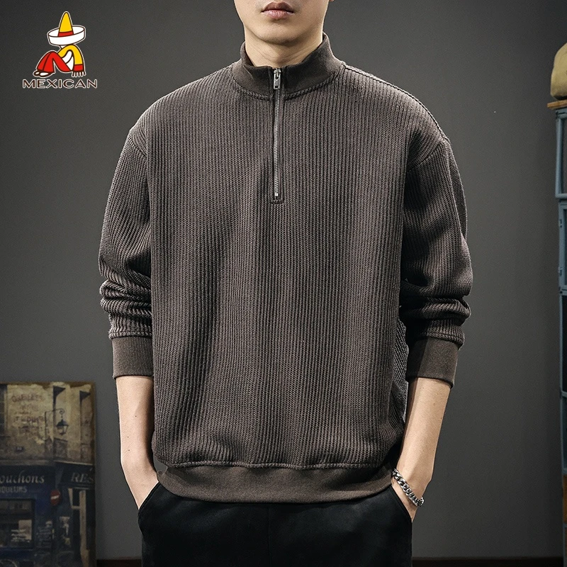 Mexican/稻草人美式复古高级感卫衣男款秋季宽松休闲立领长袖上衣