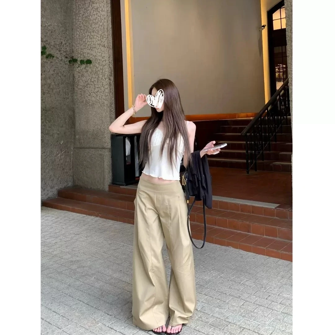 【现货】2025新款卡其色休闲裤女设计感慵懒垂感宽松阔腿拖地裤