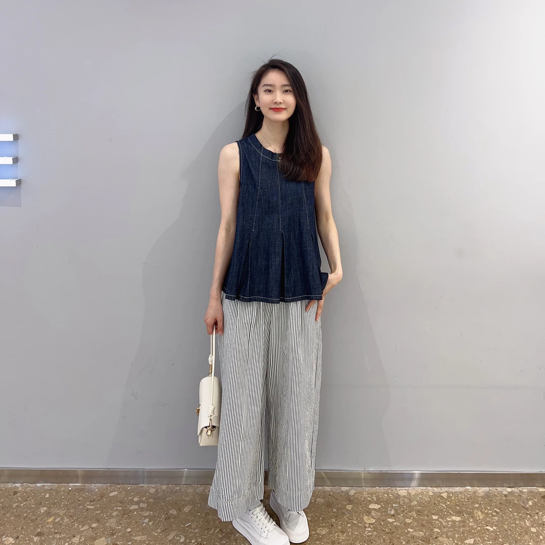 阔腿裤牛仔无袖时尚套装简约上衣通勤百搭夏季新款女装两件套B256
