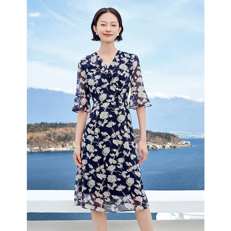 娜尔思时尚气质优雅显瘦V领印花连衣裙2025年夏新款NF10351Q7