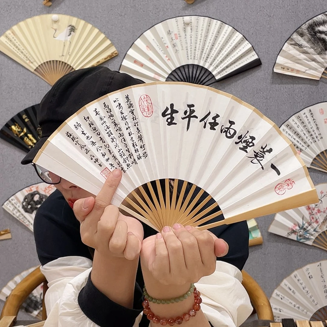 国画6寸玉竹-纯手绘-文玩扇骨（默认粘好）