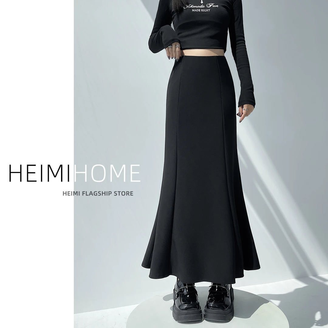 气质黑色西装包臀鱼尾裙女春秋季高腰拼接a字中长裙设计感半身裙