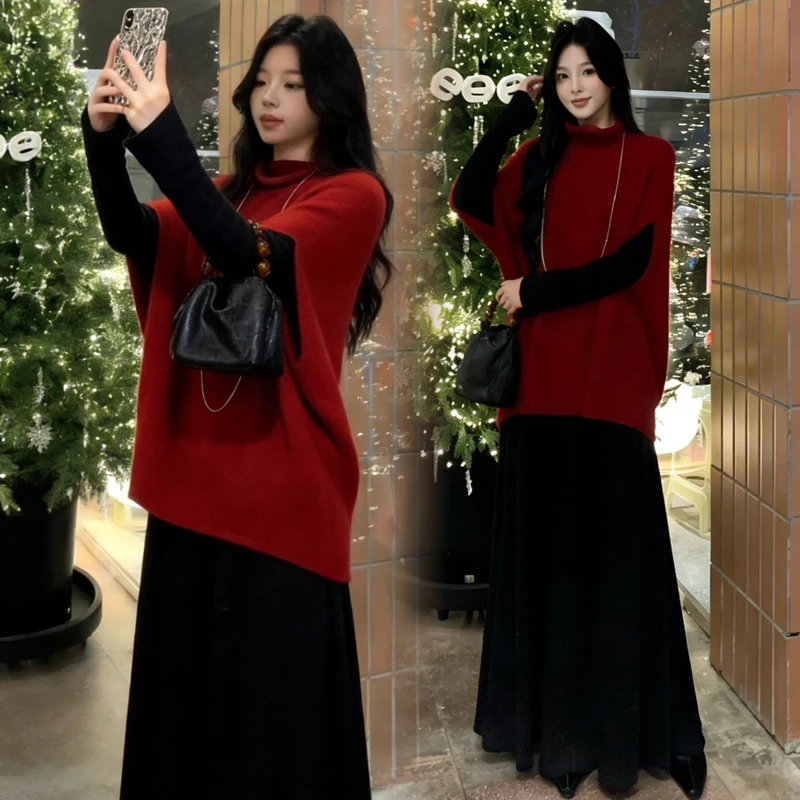 2026秋冬季新款休闲简约跨年网红斗篷马甲搭配气质减龄针织打底裙