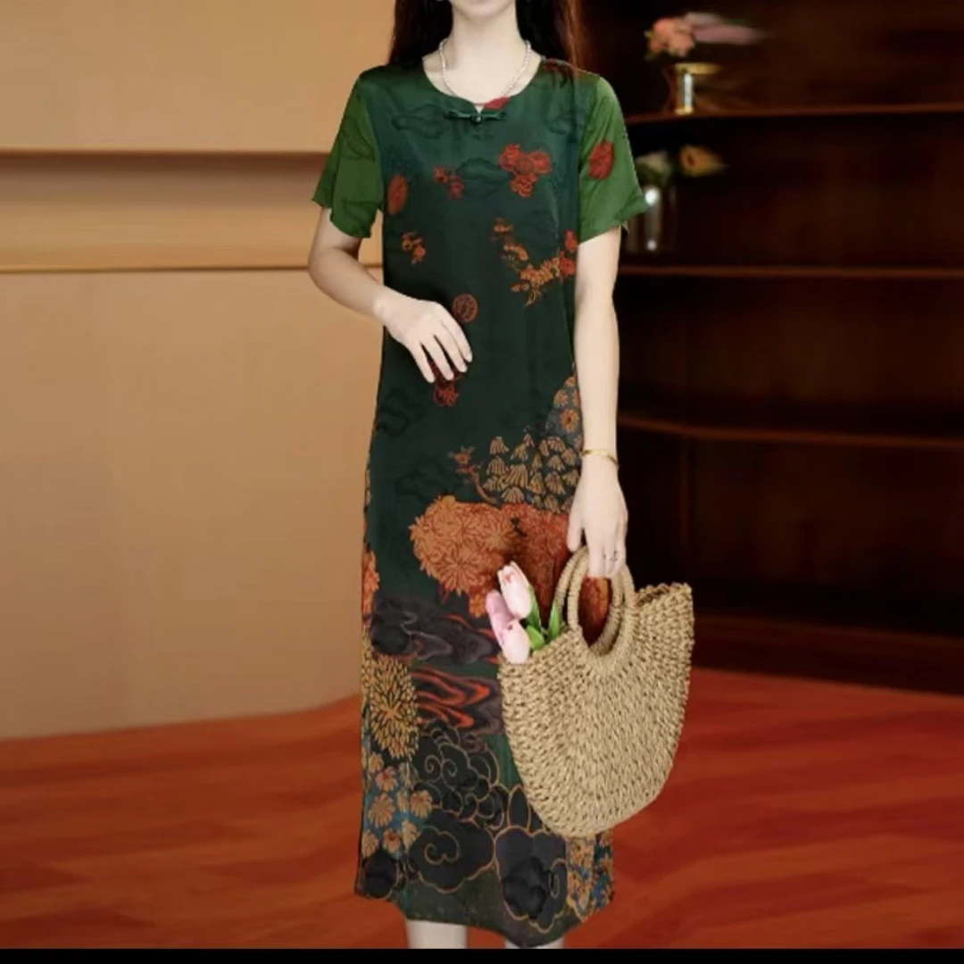 9893-夏季短袖大码连衣裙女宽松显瘦遮肚子中长款裙子【富通物流】