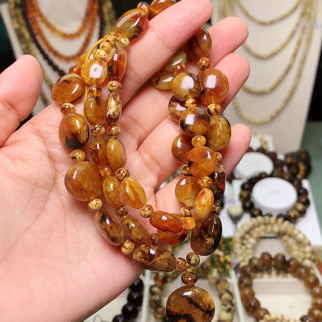 琥珀未镶嵌裸石老蜡正圆项链434