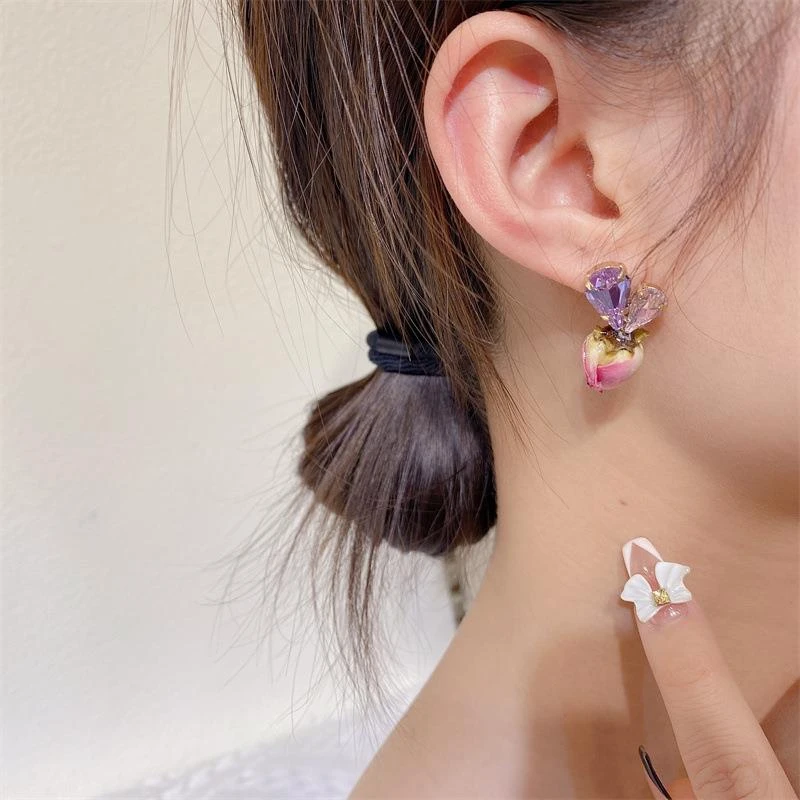 铜合金锆石耳饰 925银针简约爱心永生花气质甜美耳钉拼色桃心少女