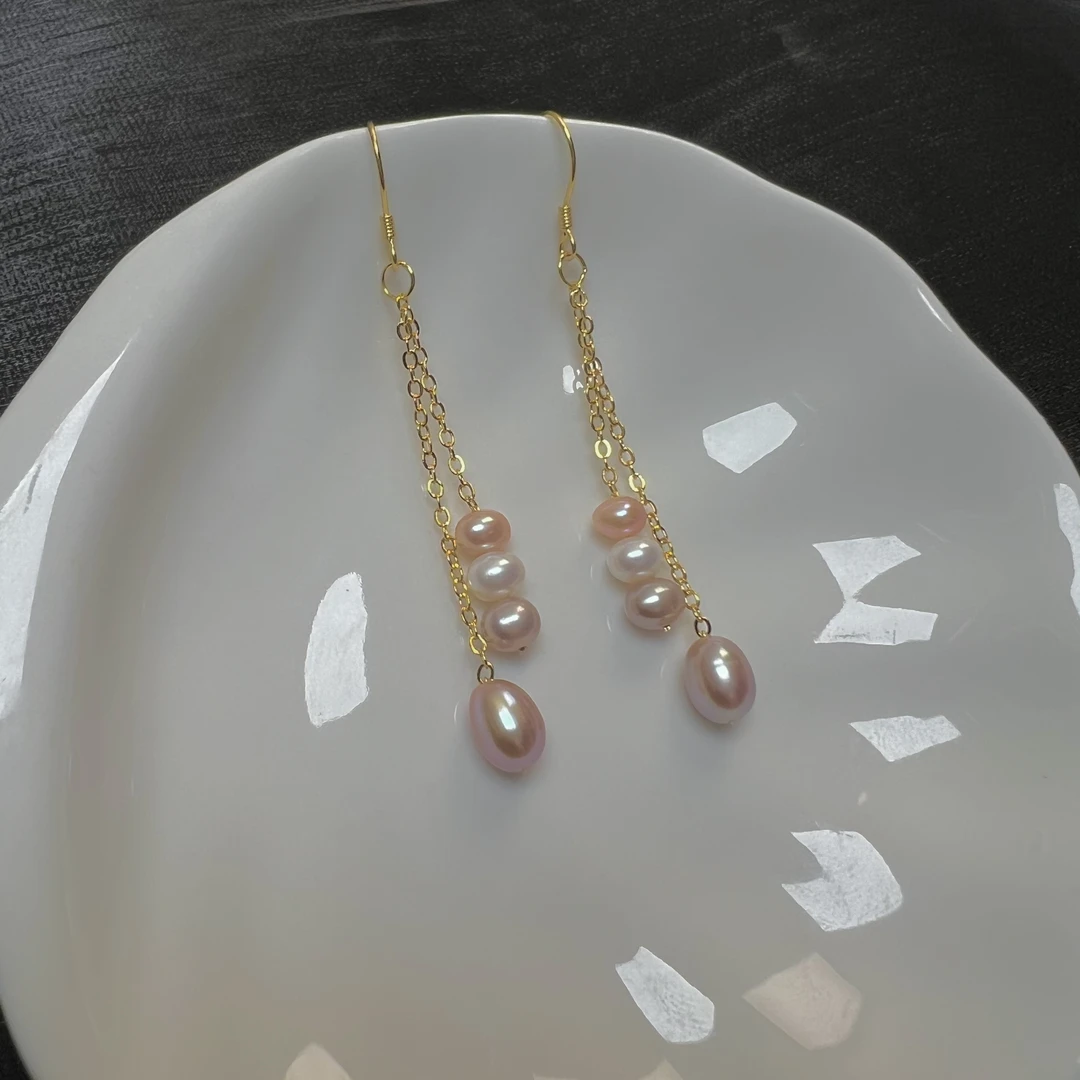 731  3+1彩色珍珠流苏耳环 天然淡水无核米形珠 防过敏耳钩