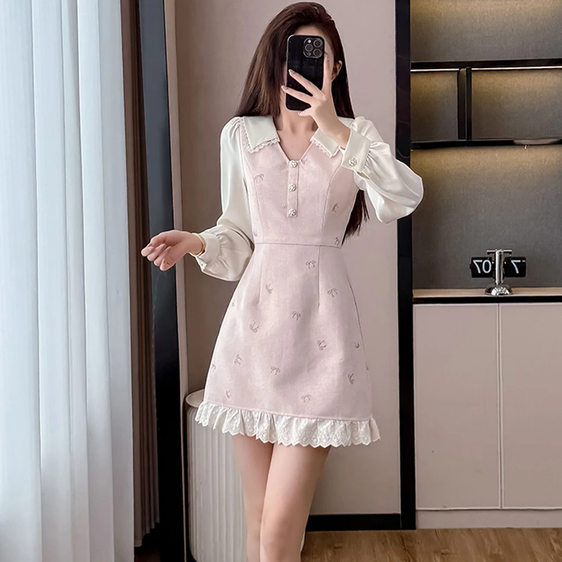 小香风粉色甜美V领连衣裙女2025秋冬新款法式气质收腰显瘦A字短裙