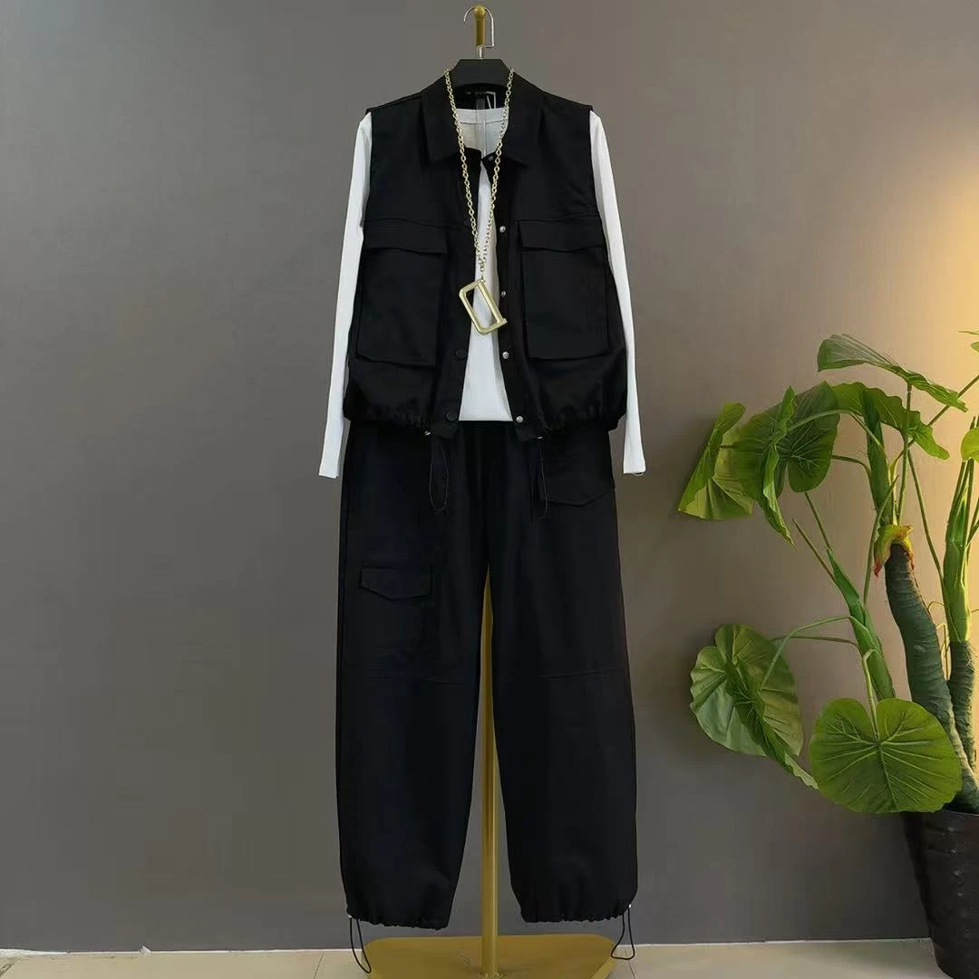 胖mm秋季新款时尚工装抽绳马甲打底衫裤子宽松显瘦大码时尚套装