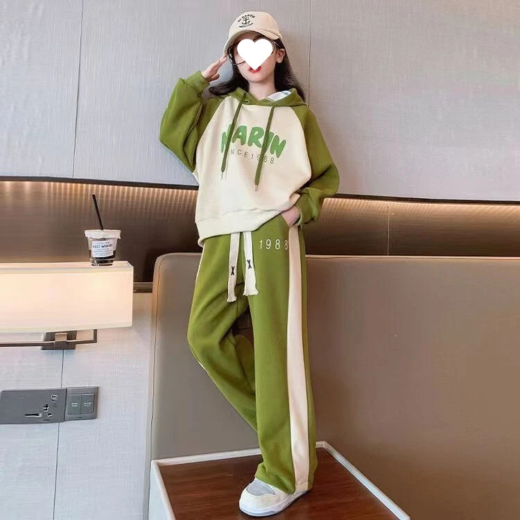 女童早秋薄款长袖连帽卫衣阔腿裤两件套2025新款中大童运动套装潮