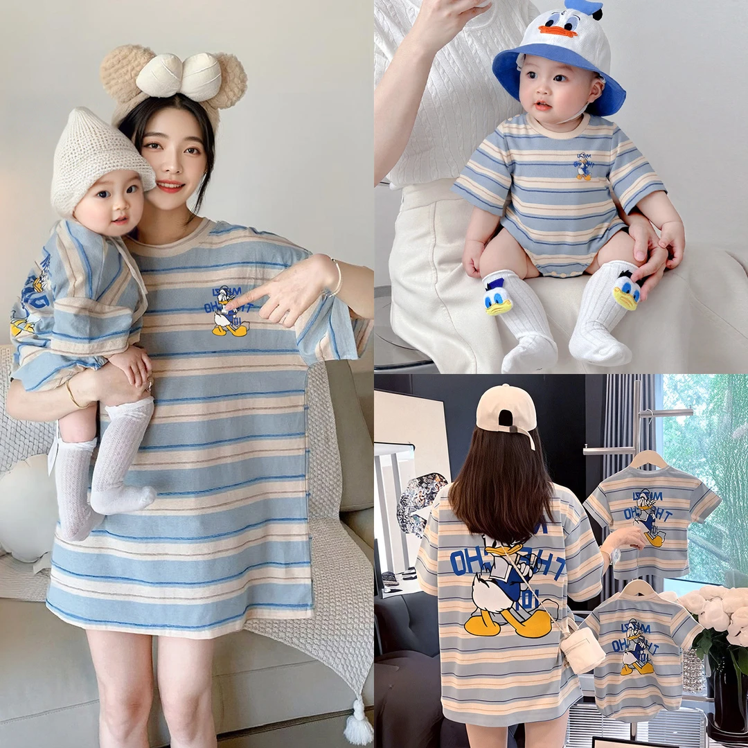 母女装亲子装一家三口夏季2025新款爆款条纹短袖T恤婴儿宝宝上衣