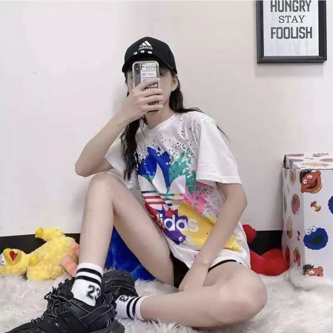 【奥莱撤柜】短袖泼墨logo男女同款情侣装t恤百搭涂鸦透气圆领-9508