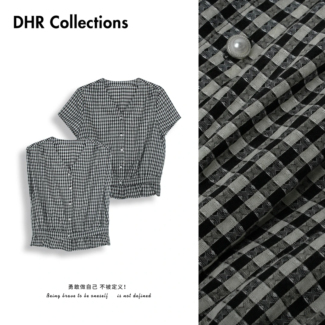 豆豆3 【天丝+醋酸】黑白格子短袖/无袖夏季时尚V领衬衫-DX1392