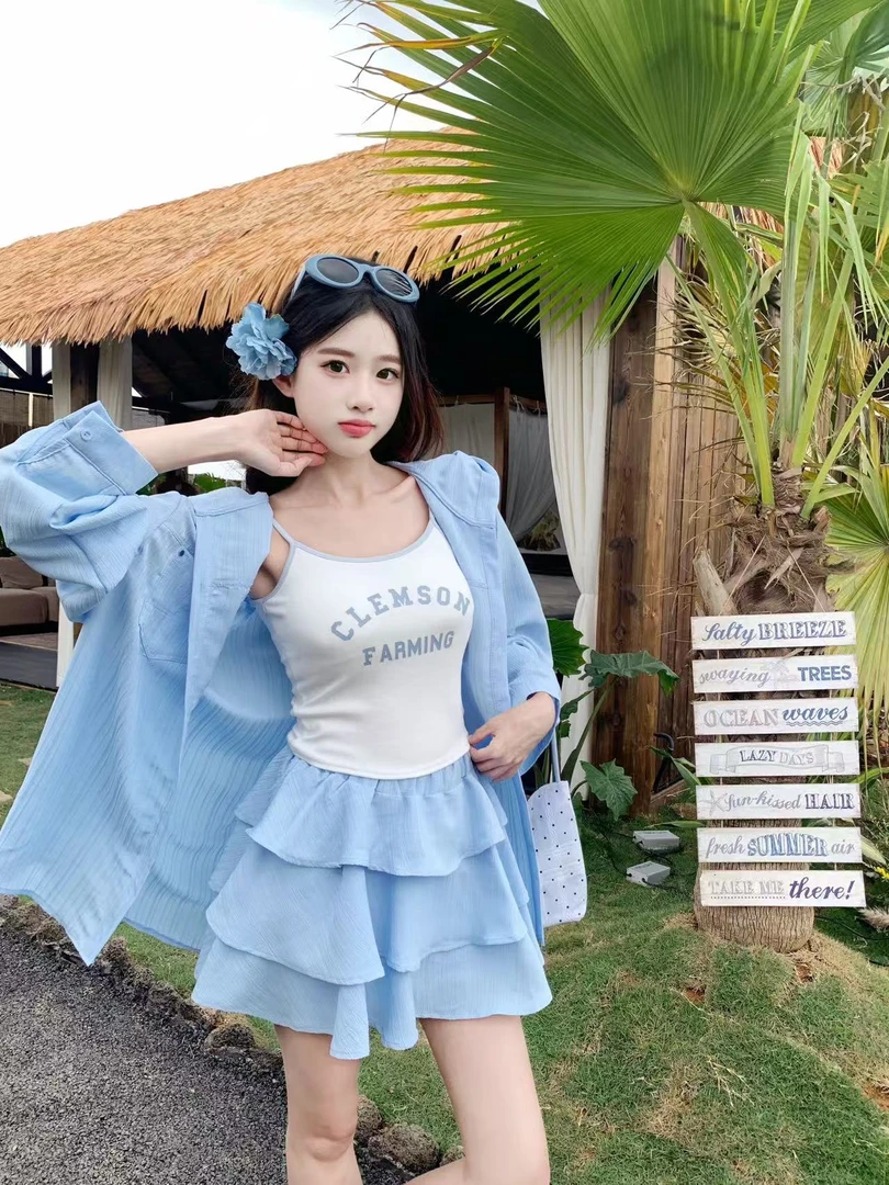 [运补]大码春夏韩系简约风甜美蓝色防晒衣＋半身裙＋吊带三件套夏季
