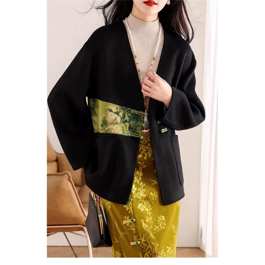 时尚复古新中式盘扣中国风双面羊毛大衣女秋冬高端短款羊毛呢外套