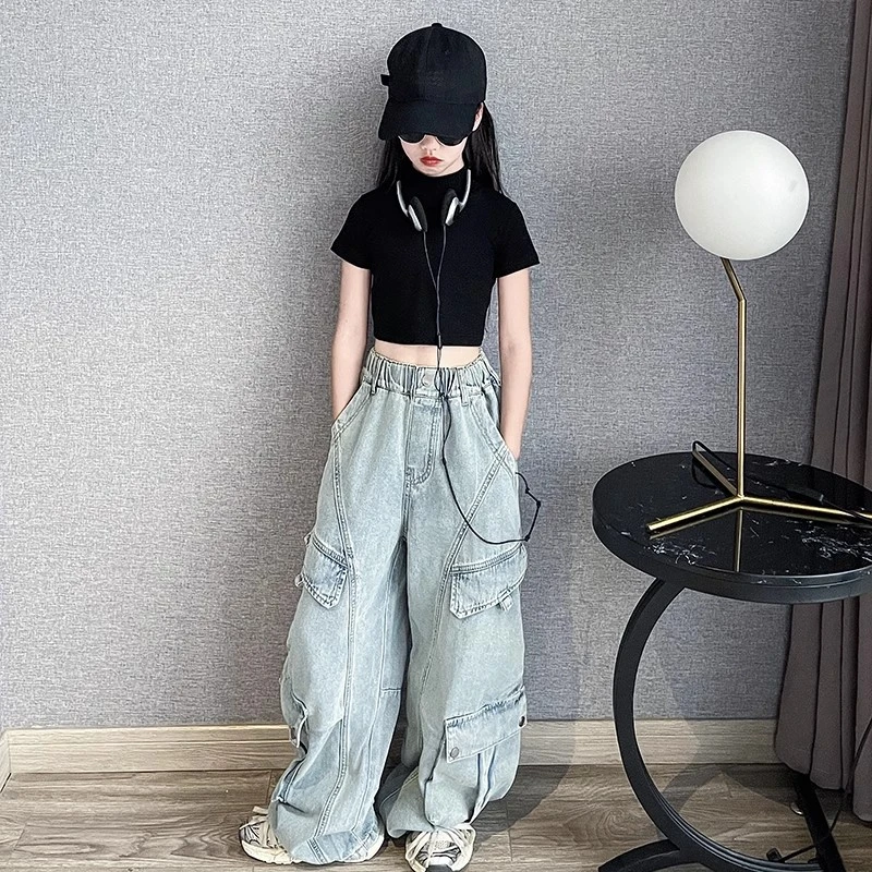 女童工装裤2025夏季新款短袖洋气时髦休闲裤中大童薄款阔腿裤套装