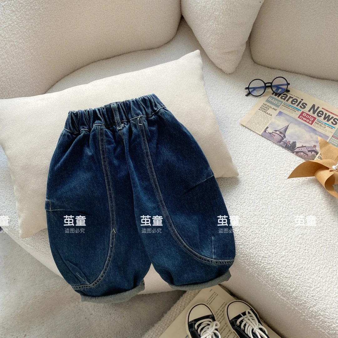 【麦麦妈】Q088春秋小童明线拼接牛仔裤春季新品男女宝休闲潮酷裤