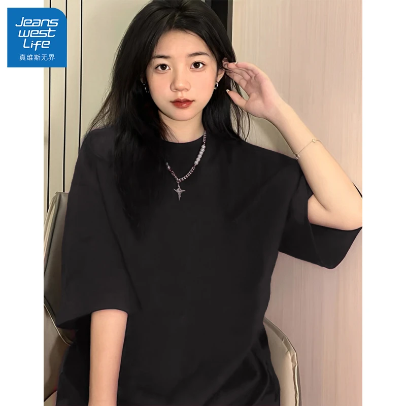 真维斯无界纯棉女宽松T恤黑色时尚休闲设计感百搭潮流学生韩版