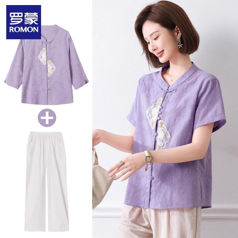 罗蒙新款妈妈上衣洋气中老年女夏装套装贵夫人品牌短袖衬衫两件套