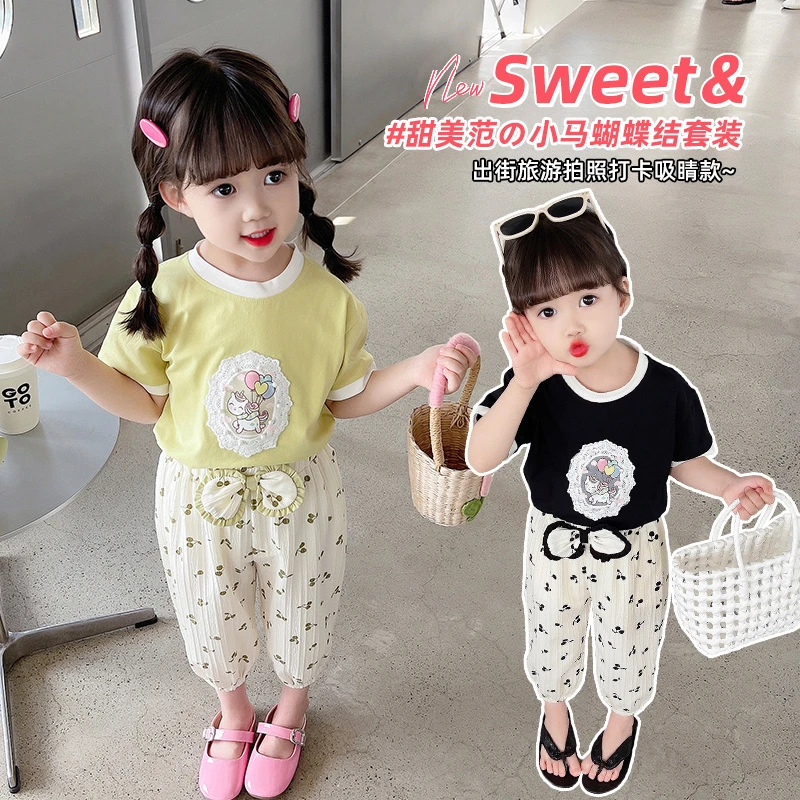 女童夏季樱桃蝴蝶结套装2025新款甜美风女宝洋气薄款短袖休闲套装