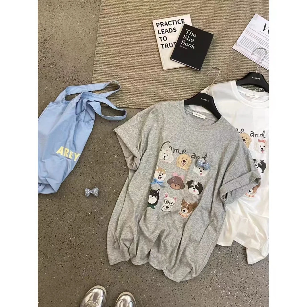 曼曼【九宫格狗狗】韩版印花圆领短袖T恤女宽松慵懒