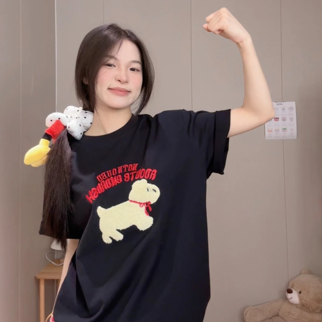 2025新款韩系趣味卡通小狗字母毛巾绣夏季纯棉短袖上衣女#MJ0173